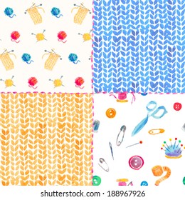 Watercolor Sewing And Knitting Tools. Set Of Vector Seamless Patterns. 