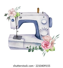 Watercolor Sewing Machine White And Flowers
