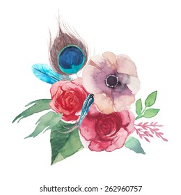 Watercolor shabby chic flowers bouquet. Hand painted isolated posy with roses, birds feathers, anemones, floral elements. Vector artwork