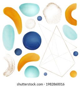 Watercolor shapes and brushes, geometric forms abstract design elements set for cover. Textures and decoration, triangle and circles, circles and lines gold glitter in realistic style cartoon vector