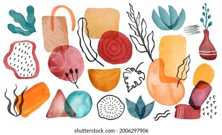 Watercolor shapes. Hand painted watercolor circles, blobs, leaves. Scandinavian abstract organic and geometric background elements vector set. Contemporary minimalistic colorful art