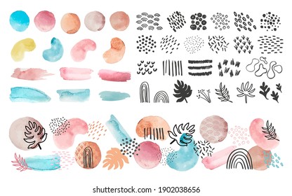 Watercolor shapes, lines and patterns. Abstract art splashes and brush strokes. Trendy paint texture, dots and leaf vector set. Illustration watercolor print contemporary, graphic stroke and form