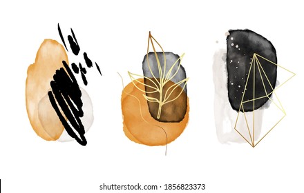 Watercolor shapes neutral Illustration with gold, isolated on white background. Abstract modern print. Beauty Logo minimalist vector design 