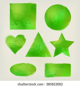 Watercolor shapes splashes (triangle, circle, heart, ellipse, rectangle, square, star), green. 