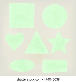 Watercolor shapes splashes (triangle, circle, heart, ellipse, rectangle, square, star) pale green. Painted design elements.