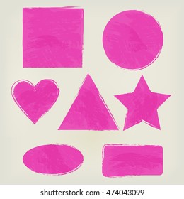 Watercolor shapes splashes (triangle, circle, heart, ellipse, rectangle, square, star) bright pink. Painted design elements.