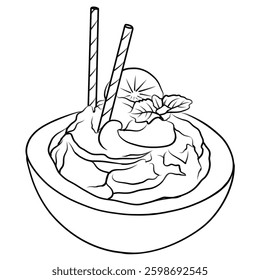 Watercolor Shaved Ice with Watermelon Flavor and Umbrella. Summer outline Illustration, watermelon isolated. Coloring book