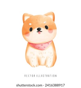 Watercolor of Shiba Inu Dog, Japanese Culture. Travel and Landmark. Vector Illustration