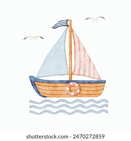 Watercolor ship with children's adventure watercolor style vector