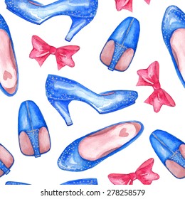 Watercolor shoes pattern. Vector fasion background.