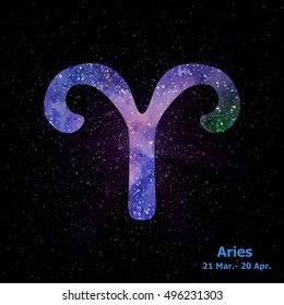 Watercolor sign of the zodiac Aries on star space background. Free Hand drawing. Vector illustration.
