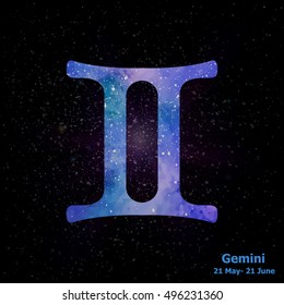 Watercolor sign of the zodiac Gemini on star space background. Free Hand drawing. Vector illustration.