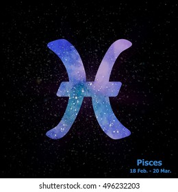 Watercolor sign of the zodiac pisces on star space background. Free Hand drawing. Vector illustration.