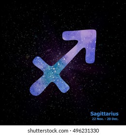 Watercolor sign of the zodiac Sagittarius on star space background. Free Hand drawing. Vector illustration.