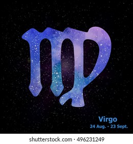 Watercolor sign of the zodiac Virgo on star space background. Free Hand drawing. Vector illustration.
