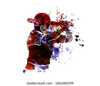 Watercolor silhouette baseball player. Vector illustration