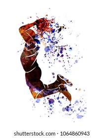 Watercolor silhouette of basketball player. Vector illustration