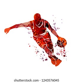 Watercolor silhouette basketball player. Vector illustration.