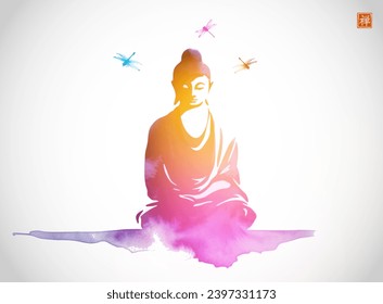 Watercolor silhouette of Buddha seated in the lotus position with a gradient of pink, purple, and orange colors. Dragonflies are depicted in mid-flight around the figure. Hieroglyph - zen