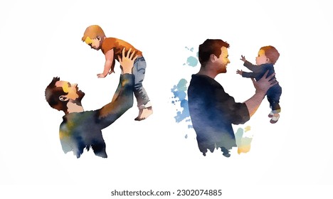 Watercolor silhouette of dad holding up his baby boy