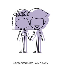 watercolor silhouette of faceless caricature couple standing and both with pants and her with short hair and floral crown and him with van dyke beard vector illustration