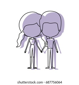 watercolor silhouette of faceless caricature couple standing and both with pants and her with pigtails hairstyle vector illustration