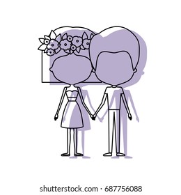 watercolor silhouette of faceless caricature couple standing and her with dress and short hairstyle and floral crown accesory vector illustration