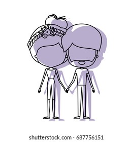 watercolor silhouette of faceless caricature couple standing and both with pants and her with collected hair and floral crown and him with beard vector illustration