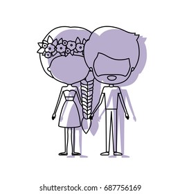 watercolor silhouette of faceless caricature couple standing and her in dress with braided hair with floral crown and him with beard vector illustration