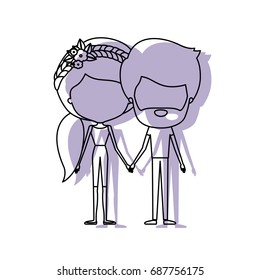 watercolor silhouette of faceless caricature couple standing and him with beard and her with pants and ponytail hairstyle and floral crown accesory vector illustration