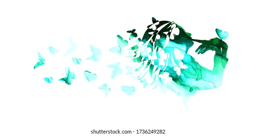 Watercolor silhouette girl portrait with butterflies. Mixed media. Vector illustration