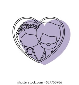 watercolor silhouette heart shape portrait with caricature faceless couple and him with short hair and beard and her with ponytail hairstyle and floral crown accesory vector illustration