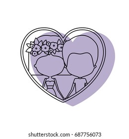 watercolor silhouette heart shape portrait with caricature faceless couple and him with short hair and her with dress and short hairstyle and floral crown accesory vector illustration