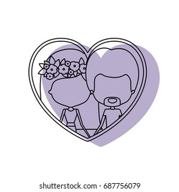 watercolor silhouette heart shape portrait with caricature faceless couple and her with medium straight hair and floral crown accesory and him with van dyke beard vector illustration