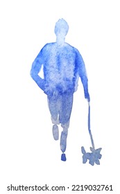 Watercolor silhouette of man with dog. Hand drawn walking male with pet, textured wash drawing. Isolated. Vector illustration.
