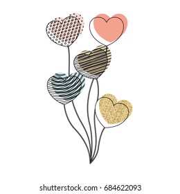watercolor silhouette of multicolored set of balloons in heart shape with different decorations vector illustration