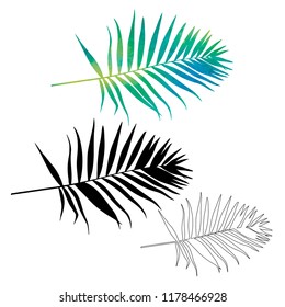 watercolor silhouette of palm leaf, set, vector, on white background