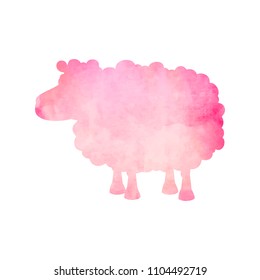 Watercolor silhouette of a pink sheep on an isolated background. Vector illustration