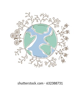 watercolor silhouette of planet earth surrounded by plants and trees vector illustration