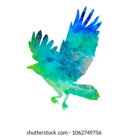 watercolor silhouette of the raven flies