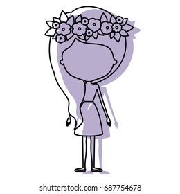 watercolor silhouette with skinny faceless woman in dress with wavy side long hairstyle and flower crown accesory vector illustration