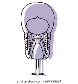watercolor silhouette with skinny faceless woman in dress with double braids hairstyle vector illustration