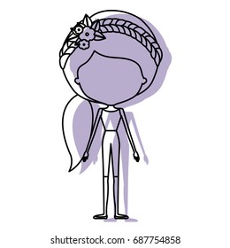 watercolor silhouette with skinny faceless woman in clothes with side ponytail hairstyle and flower crown accesory vector illustration