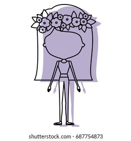 watercolor silhouette with skinny faceless woman in clothes with straight medium hairstyle and flower crown accesory vector illustration