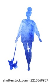 Watercolor silhouette of woman with dog. Hand drawn walking lady with pet, textured wash drawing. Isolated. Vector illustration.