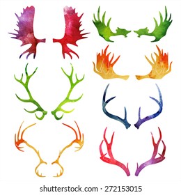 Watercolor silhouettes of deer and moose horns. vector illustration