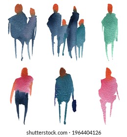 Watercolor silhouettes of people, family, couple. Watercolor paper texture. Vector silhouettes.	