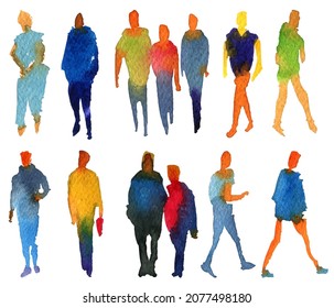 Watercolor silhouettes of people, family, couple. Watercolor paper texture. Vector silhouettes