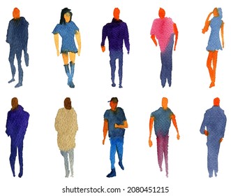 Watercolor silhouettes of people, family, couple. Watercolor paper texture. Vector silhouettes