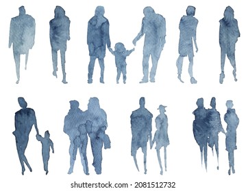 Watercolor silhouettes of people, family, couple. Watercolor paper texture. Vector silhouettes

